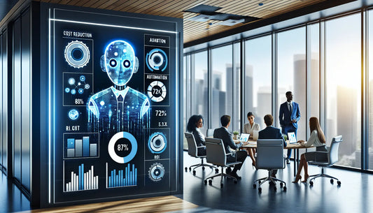 AI automation dashboard displaying cost savings metrics and ROI indicators for SMB business intelligence